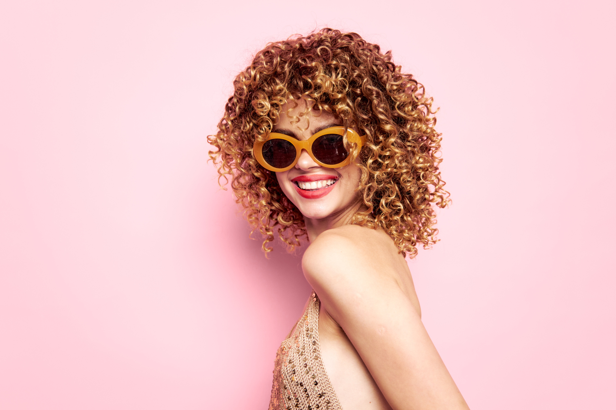 Pretty Woman Glasses with Yellow Frames Beautiful Smile Fashion Clothes Isolated Background